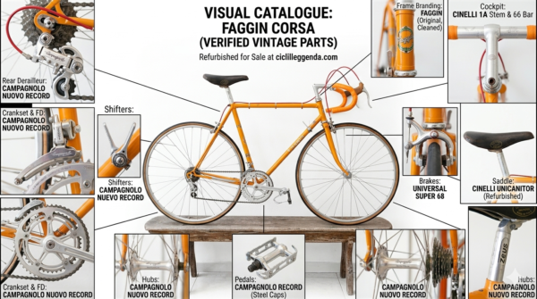 Faggin Corsa Campagnolo Nuovo Record - Visual Catalogue Visual catalogue of a vintage orange Faggin Corsa bicycle from the late 1960s with verified Campagnolo Nuovo Record parts, Cinelli cockpit, and Universal brakes for sale on ciclileggenda.com.