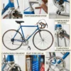 Detailed photo collage of a vintage 1980s blue Pinarello Treviso Italian steel road bicycle featuring Campagnolo Nuovo Record groupset, pantographed stem, and Campione d'Italia 1984 decal.