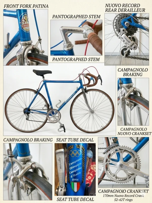 Detailed photo collage of a vintage 1980s blue Pinarello Treviso Italian steel road bicycle featuring Campagnolo Nuovo Record groupset, pantographed stem, and Campione d'Italia 1984 decal.
