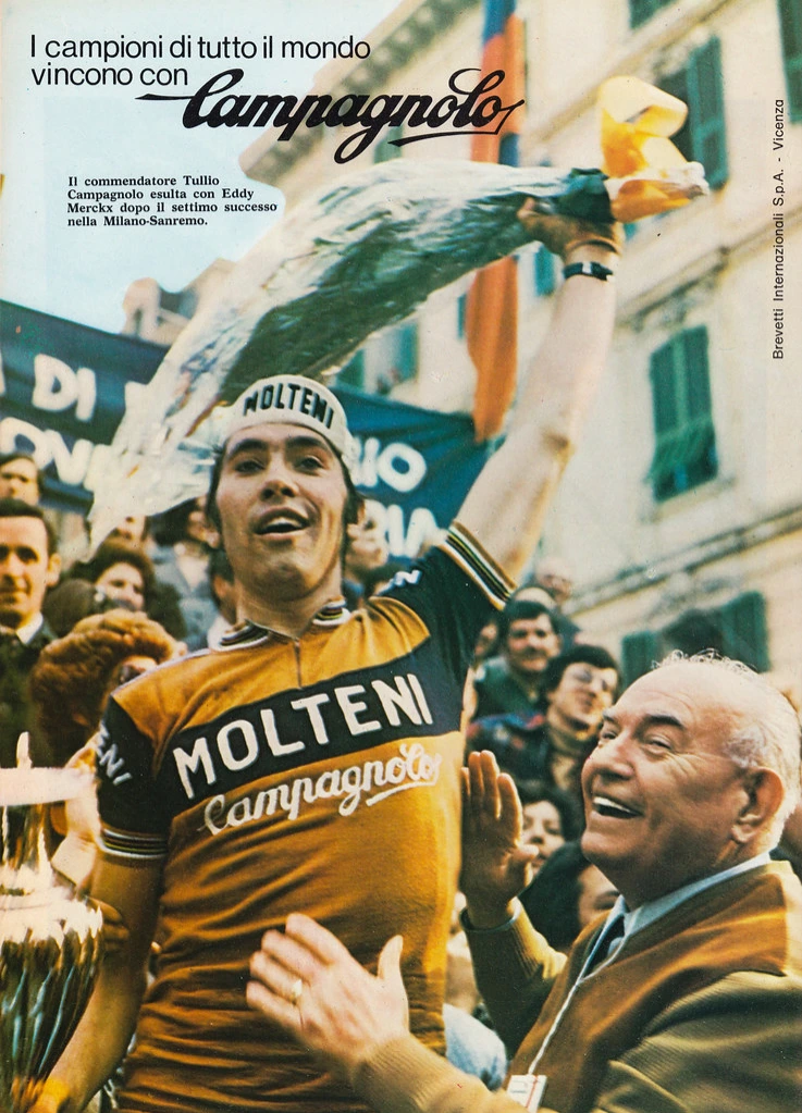 Vintage Campagnolo advertisement from 1976 featuring Tullio Campagnolo celebrating with Eddy Merckx wearing the Molteni jersey after his historic seventh Milano-Sanremo victory.