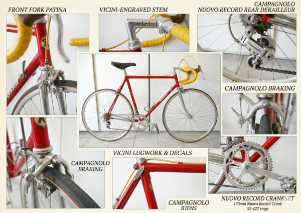 Vintage Vicini Italian steel road bicycle in metallic red with Columbus frame, Campagnolo Nuovo Record groupset, pantographed stem, and San Marco Concor seat.