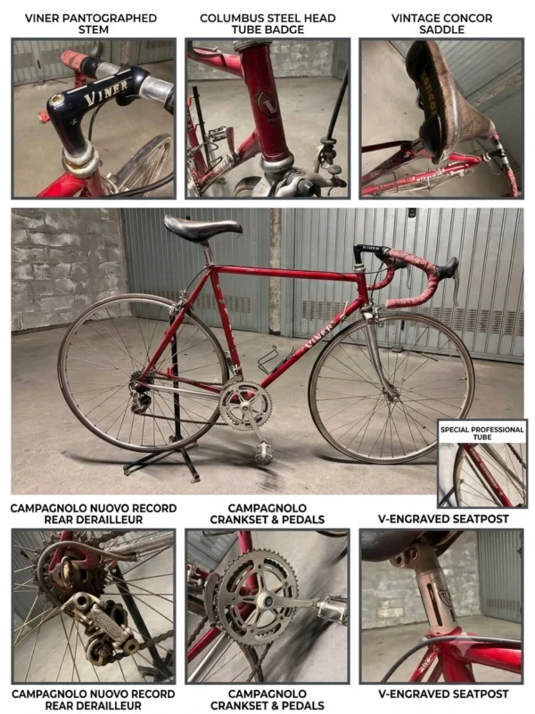 A multi-panel detail collage showcasing the unique vintage Viner Special Professional pantographs and Campagnolo Nuovo Record components.